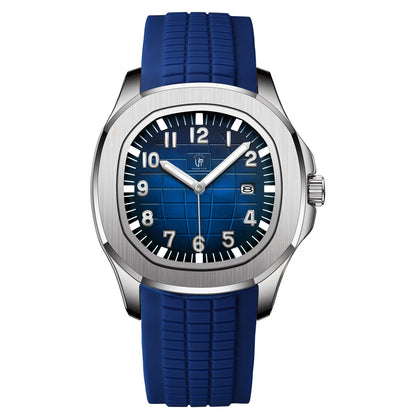 Watch with blue strap and blue dial on a white background